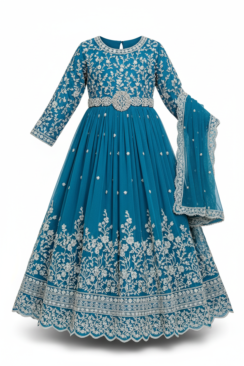 Girls Turquoise Blue Embroidered Kids Frock