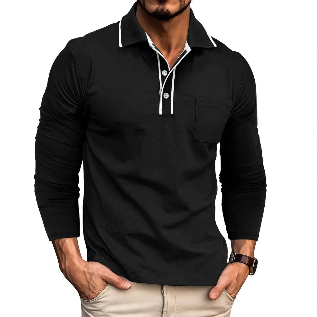Men’s Cotton Shirt – Black V‑Neck Quick Dry