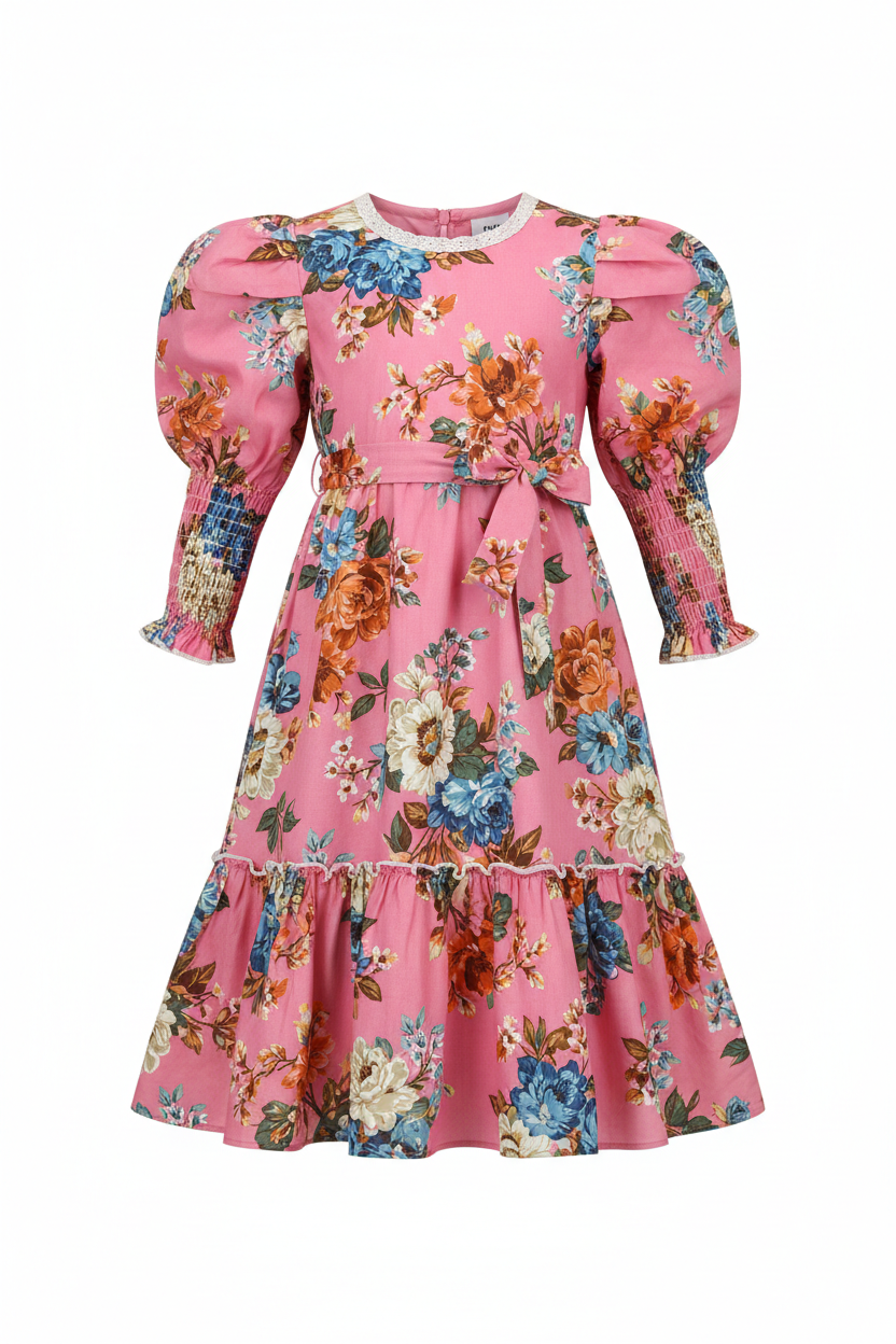 Girls Pink Puffed Sleeve Kids Frock