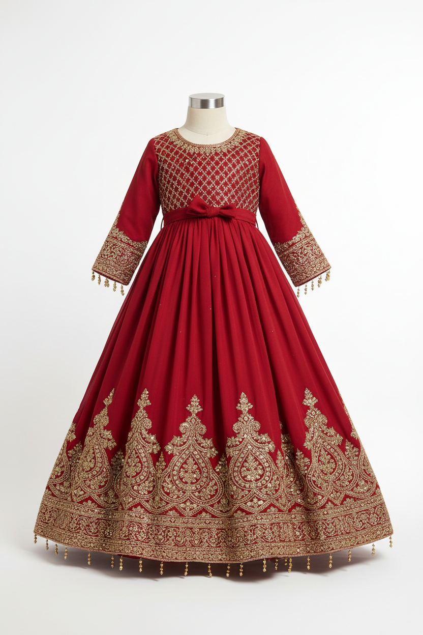 Girls Red Festive Kids Frock with Golden Embroidery