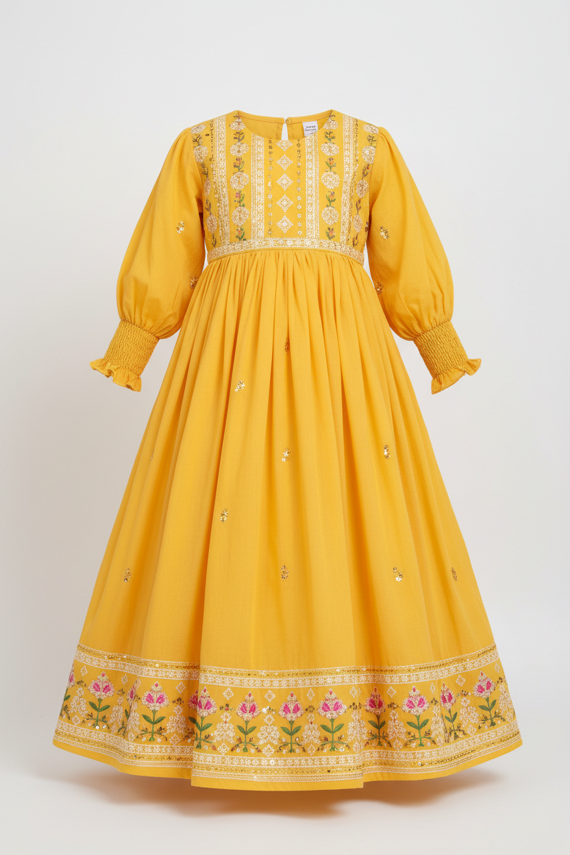 Girls Yellow Embroidered Kids Frock